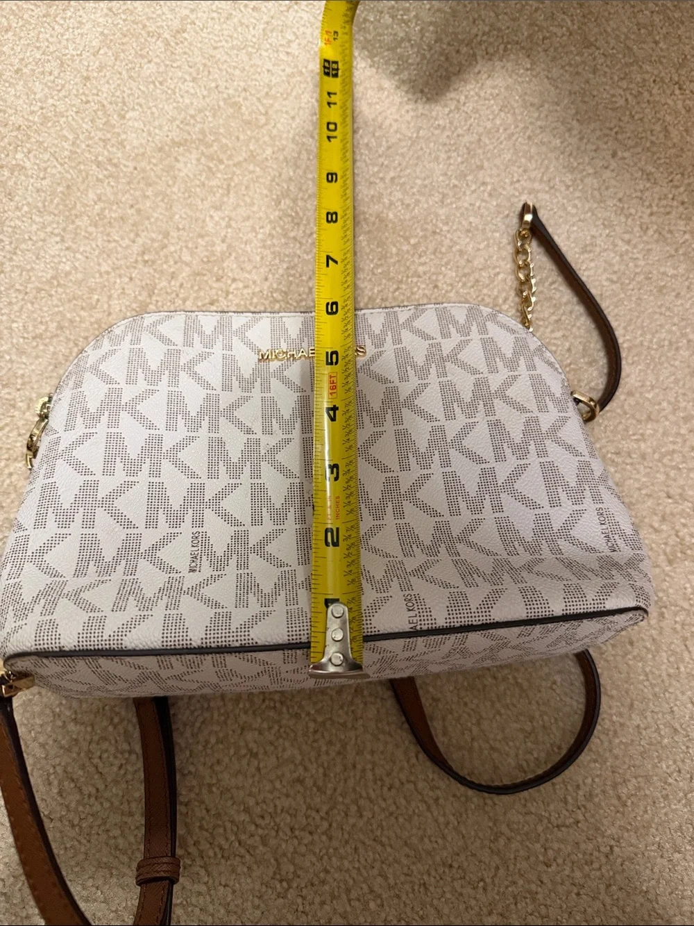 Michael Kors Beige/White Signature Crossbody with Brown Strap